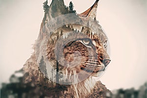 Beautiful modern design lynx with double exposure nature background