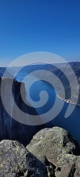 Beautiful Lysefjorden fjord with blue water and sky in Rogaland, Norway