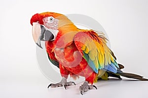 A beautiful macaw parrot with bright red, blue, green and yellow feathers on a white background
