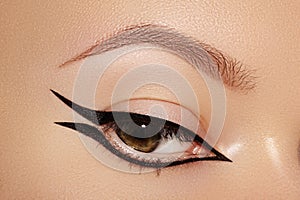 Beautiful Macro of Female Eye with Fashion Black Eyeliner Makeup. Perfect graphic Liner shape. Cosmetics and make-up