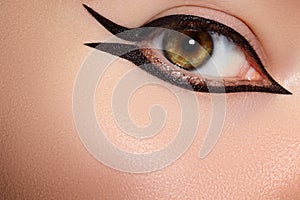 Beautiful macro shot of female eye with classic eyeliner makeup. Perfect shape of eye liner. Cosmetics and make-up