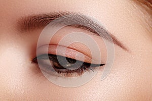 Beautiful Macro Shot of Female Eye with Classic Eyeliner Makeup. Perfect shape of eyebrows. Cosmetics and make-up