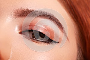 Beautiful Macro Shot of Female Eye with Classic Eyeliner Makeup. Perfect shape of eyebrows. Cosmetics and make-up