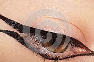 Beautiful Macro Shot of Female Eye with Classic Eyeliner Makeup. Perfect shape of eyebrows. Cosmetics and make-up