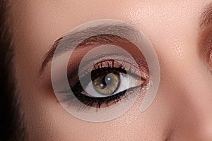 Beautiful Macro Shot of Female Eye with Classic Eyeliner Makeup. Perfect shape of eyebrows. Cosmetics and make-up photo