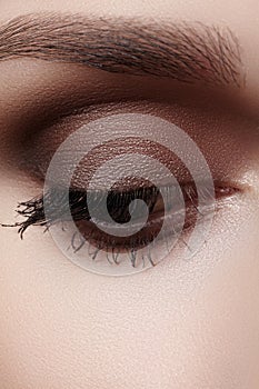 Beautiful macro shot of female eye with smoky makeup. Perfect shape of eyebrows