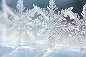Beautiful macro snowflake, winter abstract background. Generative AI