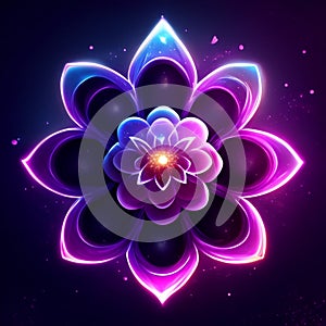 Beautiful magic flower with glowing neon effect on dark background. Vector illustration. AI generated