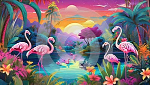 Beautiful magic garden with a lake, flamingos, colourful flowers and tropical plants art synthwave vertical