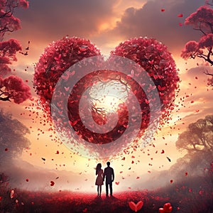 Beautiful magic red rose heart with two lovers romantic nature colorful Generative AI