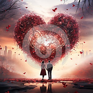 Beautiful magic red rose heart with two lovers romantic nature colorful Generative AI