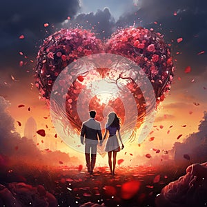 Beautiful magic red rose heart with two lovers romantic nature colorful Generative AI