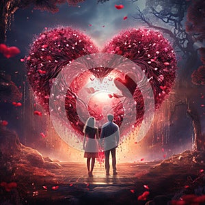 Beautiful magic red rose heart with two lovers romantic nature colorful Generative AI