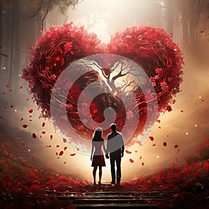 Beautiful magic red rose heart with two lovers romantic nature colorful Generative AI