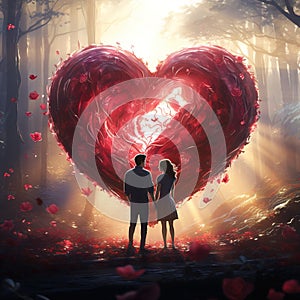 Beautiful magic red rose heart with two lovers romantic nature colorful Generative AI