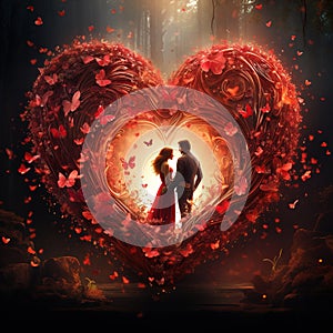 Beautiful magic red rose heart with two lovers romantic nature colorful Generative AI