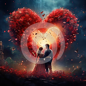 Beautiful magic red rose heart with two lovers romantic nature colorful Generative AI