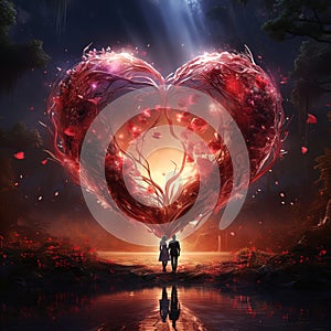 Beautiful magic red rose heart with two lovers romantic nature colorful Generative AI