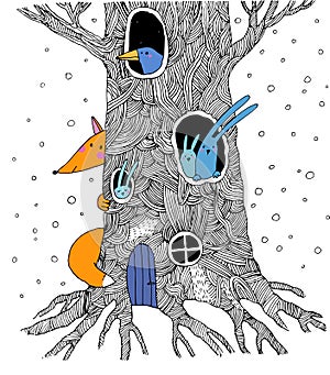 A beautiful magic tree. Fox and hares in hollows. Winter day. Hand drawing isolated objects on white background
