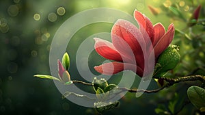 Beautiful magnolia flower, with big red petals and green leaves on the branches, on a green background
