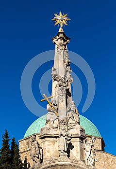 The beautiful main square of Pecs with dzsami mosque and trinity statue