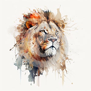 Beautiful majestic lion head portrait on white background. Illustration painting, grunge style. Generative Ai