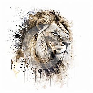Beautiful majestic lion head portrait on white background. Illustration painting, grunge style. Generative Ai