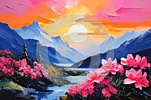 Beautiful majestic mountains. Scenery art painting with blooming trees