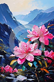 Beautiful majestic mountains. Scenery art painting with blooming trees