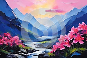 Beautiful majestic mountains. Scenery art painting with blooming trees