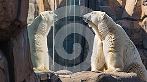 Beautiful majestic polar bear looking into mirror . Generative Ai