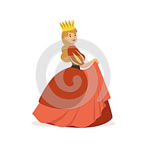 Beautiful majestic queen or princess in red dress and gold crown, fairytale or European medieval character colorful