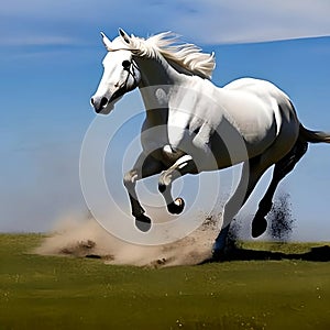 A beautiful majestic white horse running illustration, fast pony, racing purebred stallion, generative ai