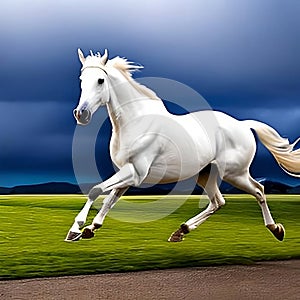A beautiful majestic white horse running illustration, fast pony, racing purebred stallion, generative ai