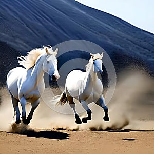 A beautiful majestic white horse running illustration, fast pony, racing purebred stallion, generative ai