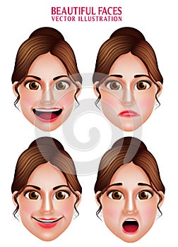 Beautiful Makeup Faces of Woman Vector Character with Facial Expressions