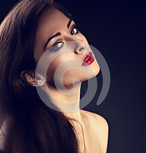 Beautiful makeup woman with perfect skin, red lipstick, smo