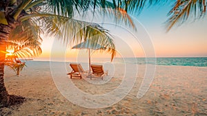 Beautiful Maldives island beach landscape. Chairs and umbrella for summer vacation and holiday background. Exotic tropical beach c