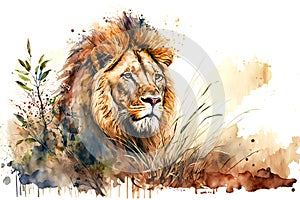 Beautiful male lion in the African savanna, watercolor illustration generated by AI