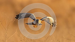 Beautiful male northern harrier - Circus hudsonius - marsh hawk, grey or gray ghost. Hunting over meadow front view flying