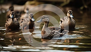 Beautiful mallard duck family swimming in a peaceful pond generated by AI