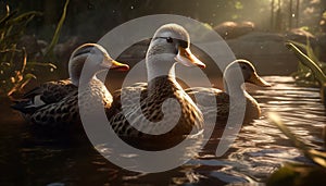 Beautiful mallard duck family waddling in green pond reflection generated by AI
