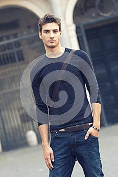 Beautiful man model outdoor with casual outfit photo