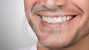 Beautiful man& x27;s smile with healthy white, straight teeth close-up on one tone background with space for text