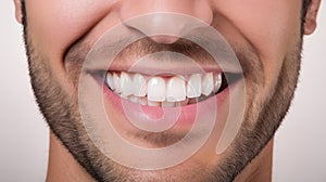 Beautiful man& x27;s smile with healthy white, straight teeth close-up on one tone background with space for text