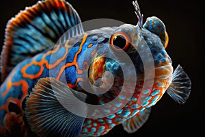 Beautiful Mandarin fish Close Up. Colorful and Vibrant Animal.