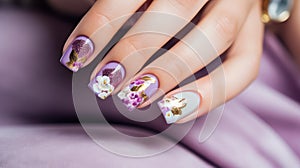 Beautiful manicure. Long almond shaped nails. Nail design. Manicure with gel polish. Close-up of the hand of a young