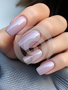 Beautiful manicure. Long almond shaped nails. Nail design. Manicure with gel polish. Close-up of the hand of a young