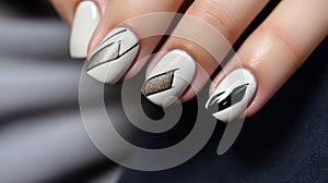 Beautiful manicure. Long almond shaped nails. Nail design. Manicure with gel polish. Close-up of the hand of a young