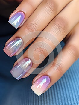 Beautiful manicure. Long almond shaped nails. Nail design. Manicure with gel polish. Close-up of the hand of a young